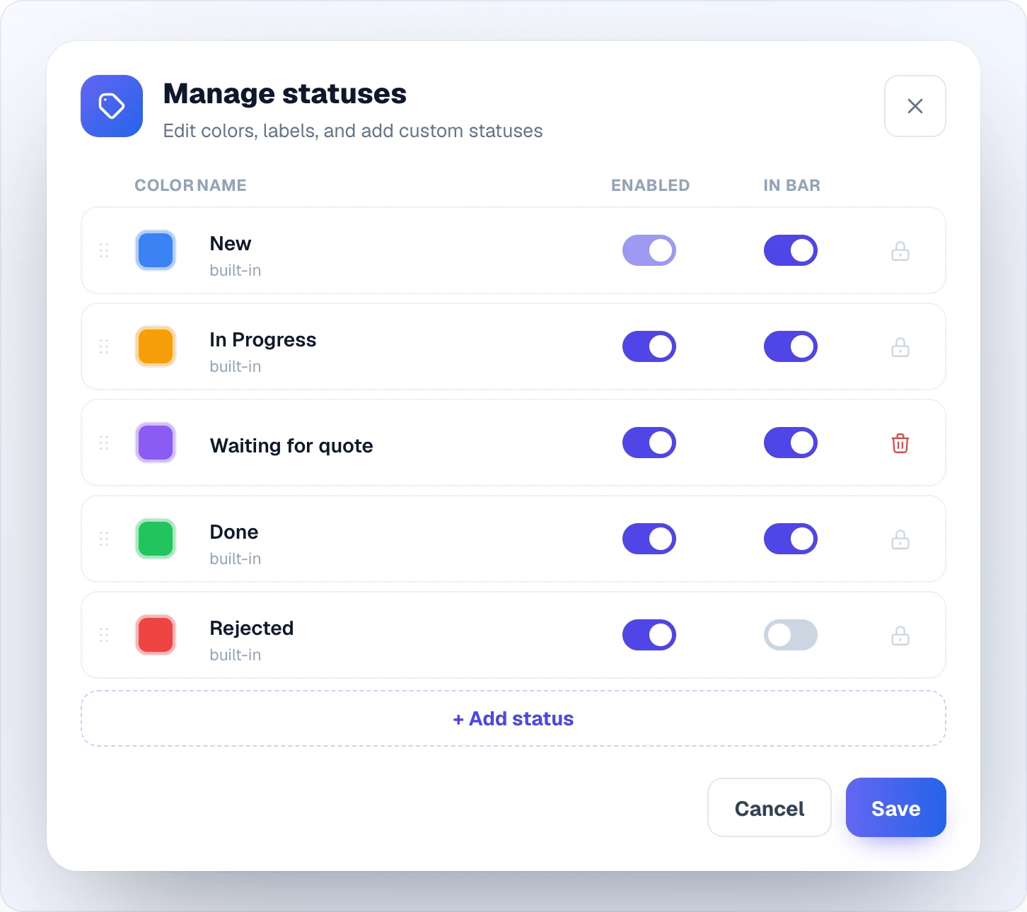 The Manage statuses window: rows for New, In Progress, a custom Waiting for quote, Done and Rejected, each with a drag grip, a colour swatch, the name, the Enabled and In bar switches, and a lock for built-in statuses or a bin for the custom one; below, Add status, Cancel and Save