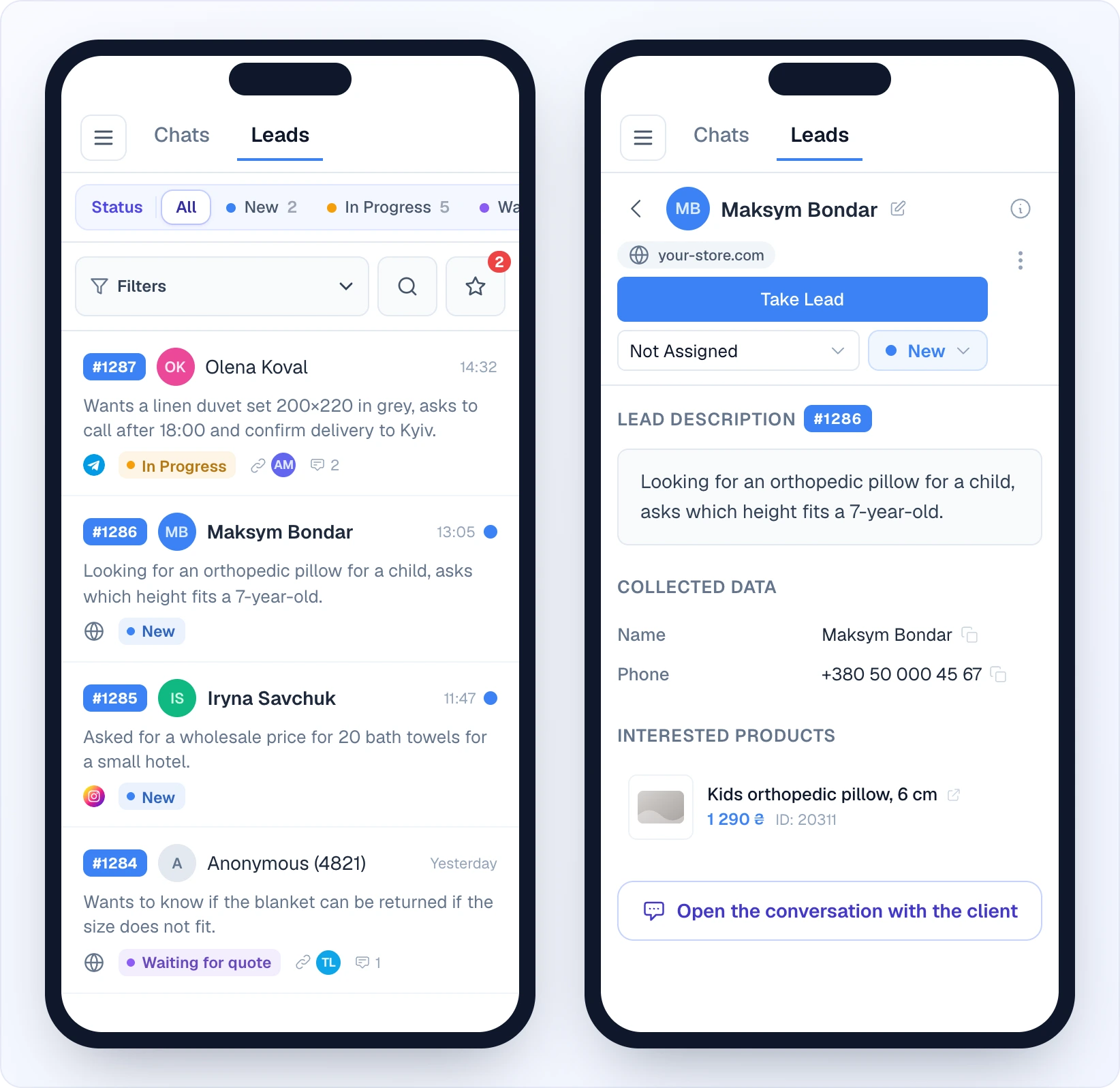 Two phone screens: on the left the leads list with the Status bar, the Filters toolbar and lead rows; on the right an opened lead with the back arrow, the name, the source, the full-width Take Lead button, the operator and status drop-downs under it, the ⓘ and ⋮ buttons on the right, and the lead body below