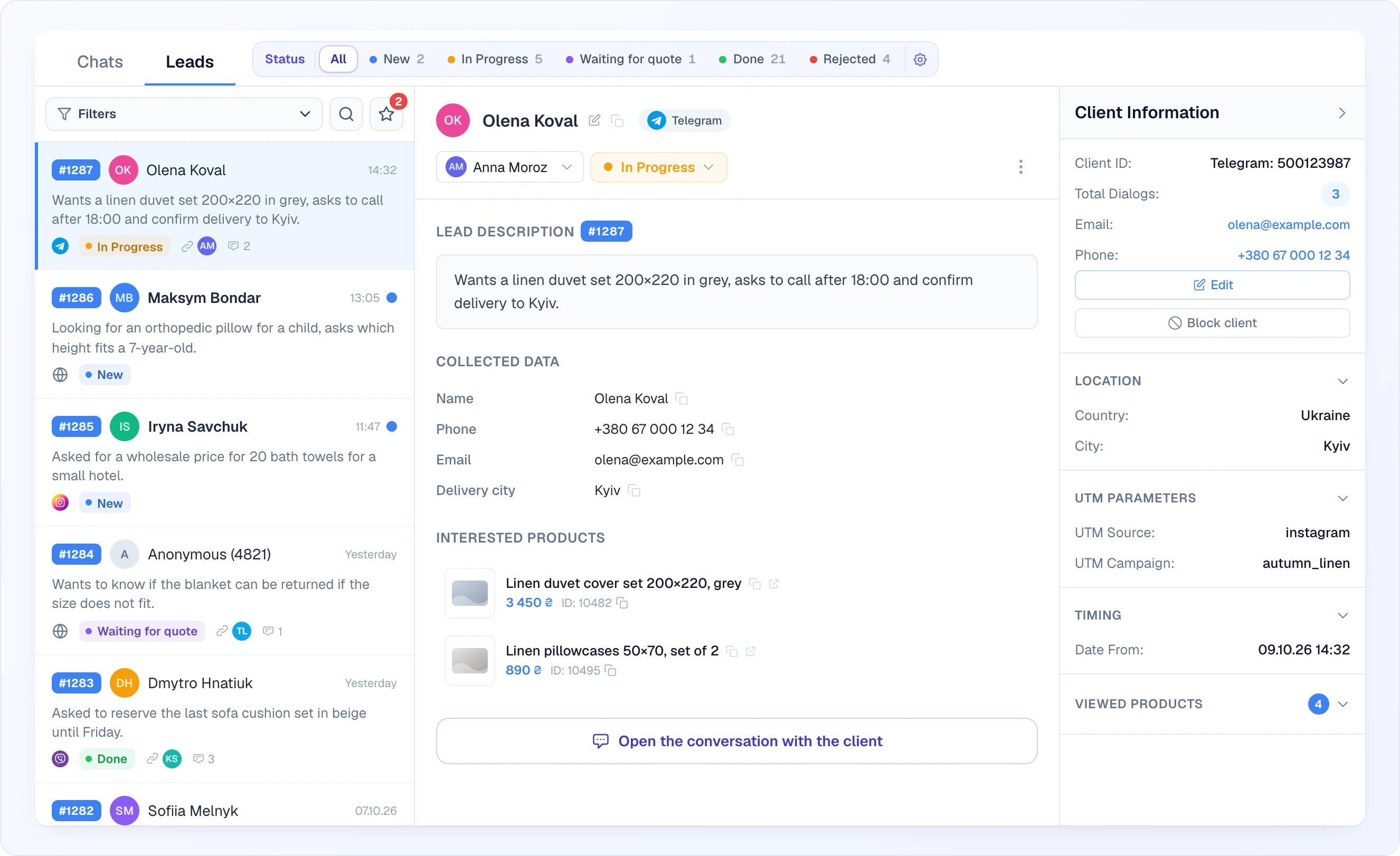 The whole Leads page: the Chats and Leads tabs with the Status bar next to them; on the left the leads list with the Filters toolbar and rows showing the #ID, name, time, description preview, source icon, status, operator and comment count; in the middle the selected lead with its header, Lead Description, Collected Data, Interested Products and the Open the conversation with the client button; on the right the Client Information panel