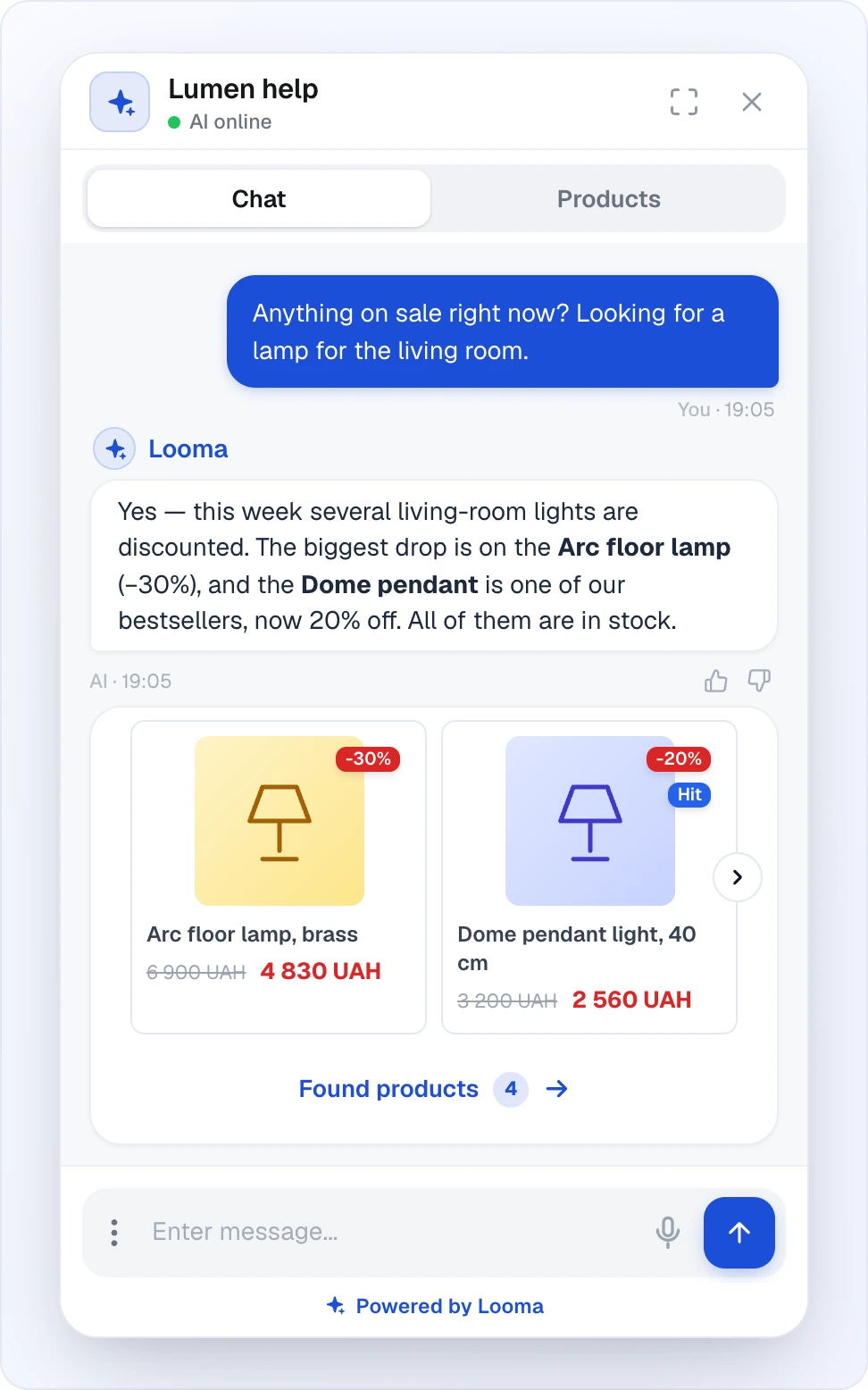 The store widget: the customer asks whether anything is on sale and says they are looking for a living-room lamp; the AI replies that several living-room lights are discounted this week, names the biggest discount (the Arc floor lamp, −30%) and a bestseller (the Dome pendant, −20%), and confirms they are in stock; below comes a carousel of product cards with old and new prices, −30% and −20% labels and the "Hit" badge, and the "Found products 4 →" footer