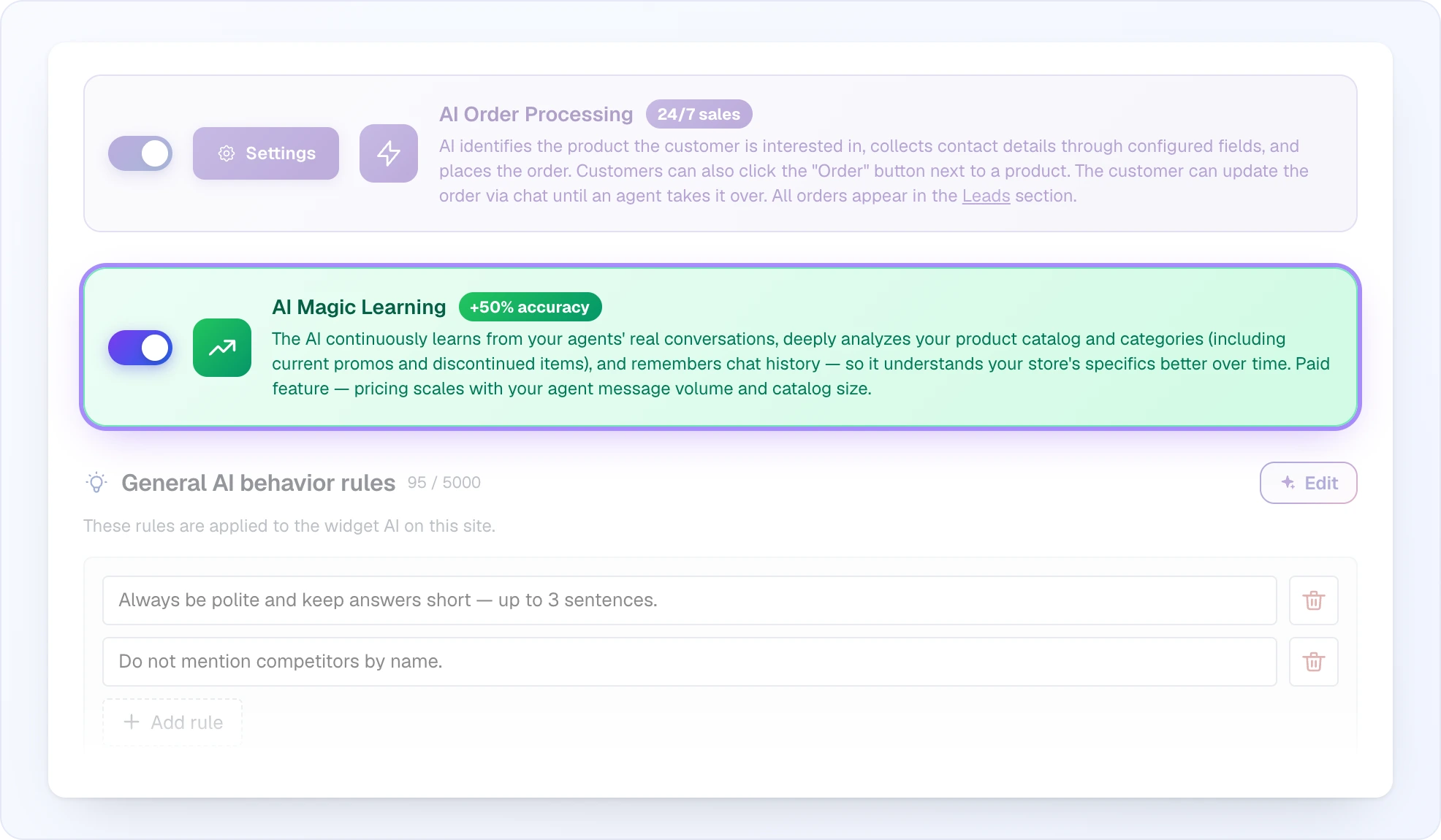 A fragment of the Settings tab: on top the dimmed "AI Order Processing" block, in the middle the highlighted "AI Magic Learning" card — its switch is on, a green icon with a rising arrow, the "+50% accuracy" badge and a description of what the AI learns (operators' real conversations, the catalog and categories including promos and discontinued items, chat history) and that it is a paid feature whose cost depends on operator message volume and catalog size; below, the dimmed "General AI behavior rules" block