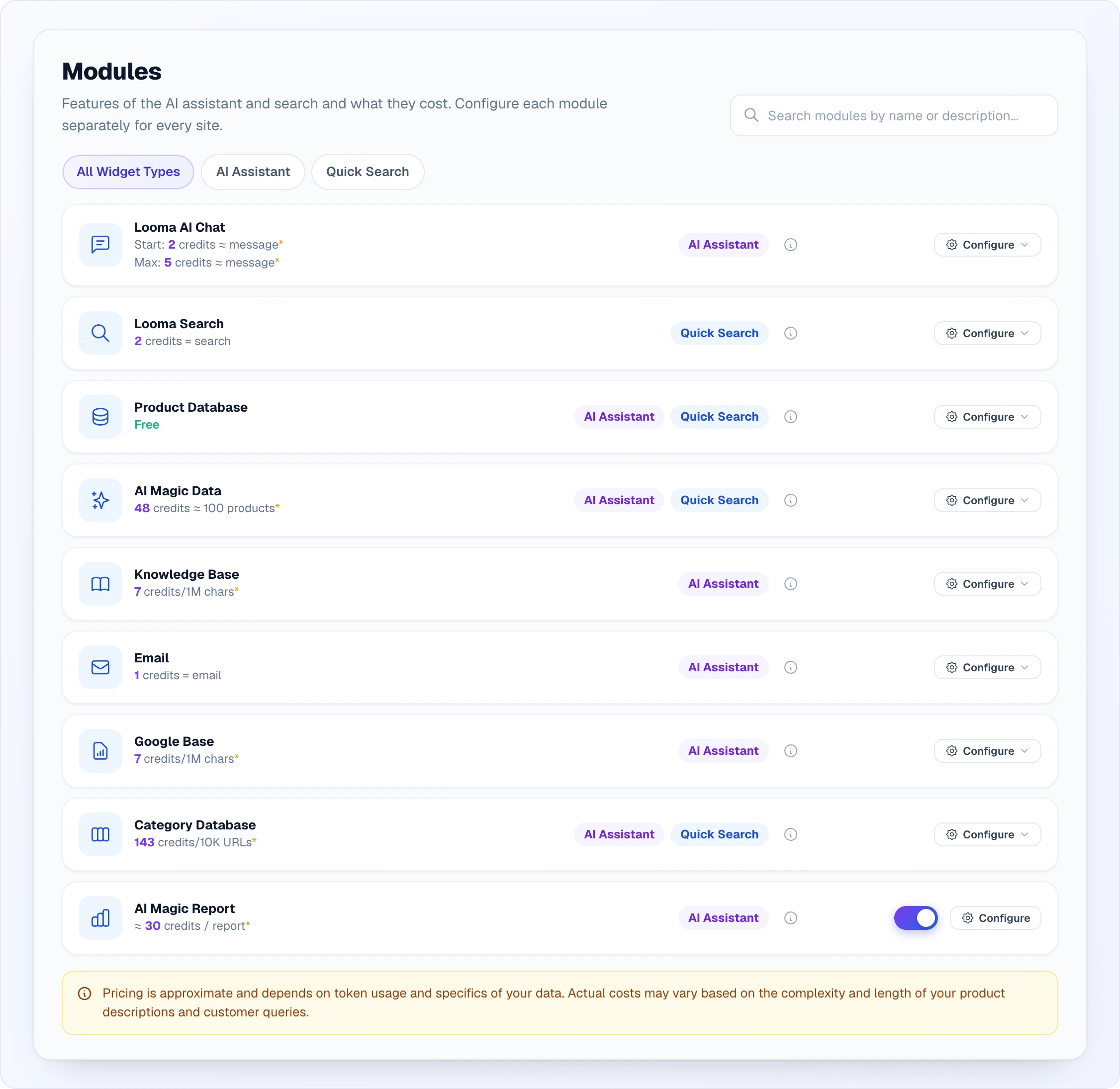 The Modules page: title and search, the chips All Widget Types, AI Assistant and Quick Search, a list of modules each with an icon, name, cost in credits, widget labels, a details button and a Configure button, AI Magic Report with a switch at the bottom, and a yellow note that prices are approximate