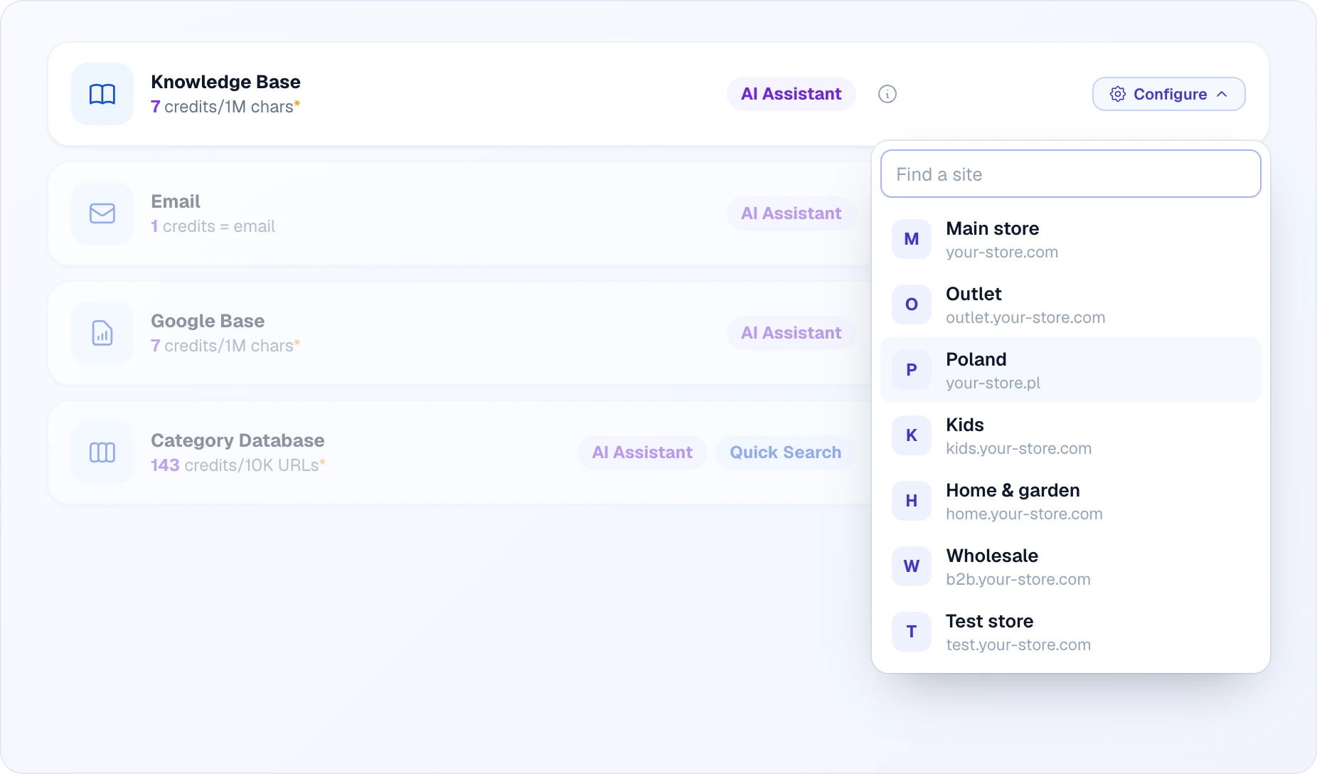 The Knowledge Base card with the Configure button open: a dropdown list of sites with a Find a site field, each site with its name and domain