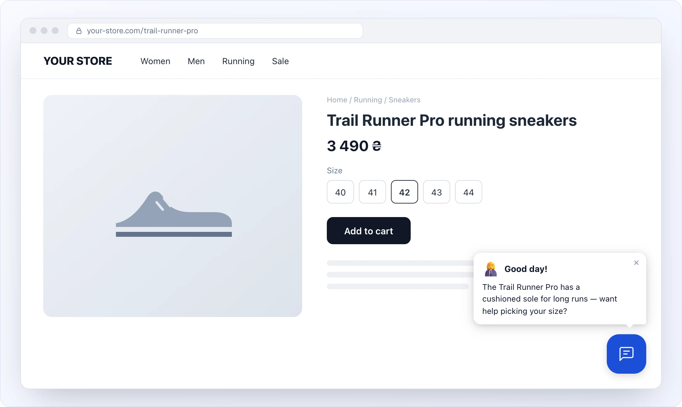 A product page on your-store.com — Trail Runner Pro running sneakers with a price, size picker and an "Add to cart" button; in the bottom-right corner above the blue chat button a bubble with an avatar, the greeting "Good day!" and a line about the product: "The Trail Runner Pro has a cushioned sole for long runs — want help picking your size?"