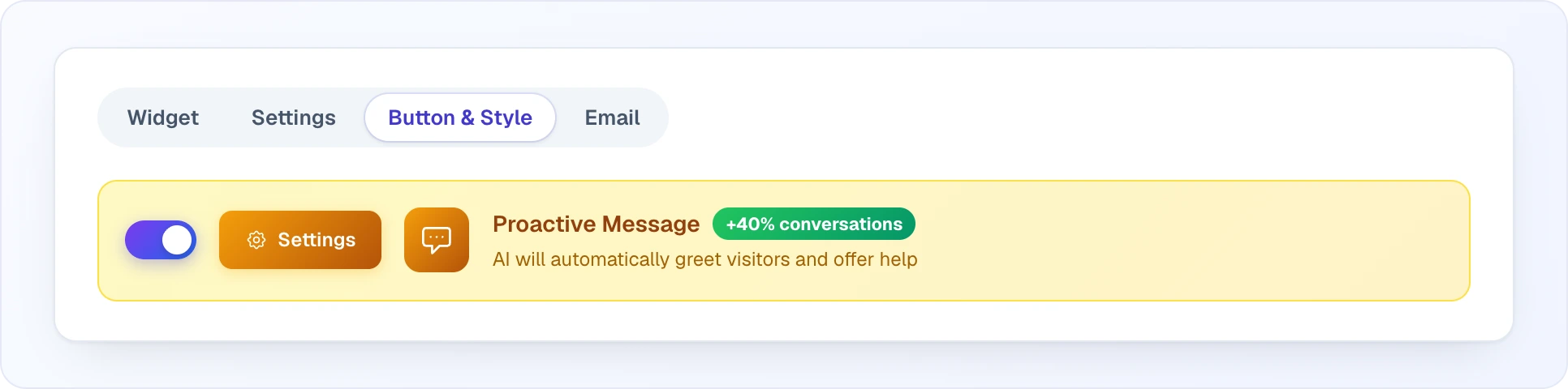 The AI Assistant tabs Widget, Settings, Button & Style (active) and Email, and the yellow Proactive Message block: the toggle switched on, an orange Settings button, a message icon, the title with a green "+40% conversations" badge and the description "AI will automatically greet visitors and offer help"