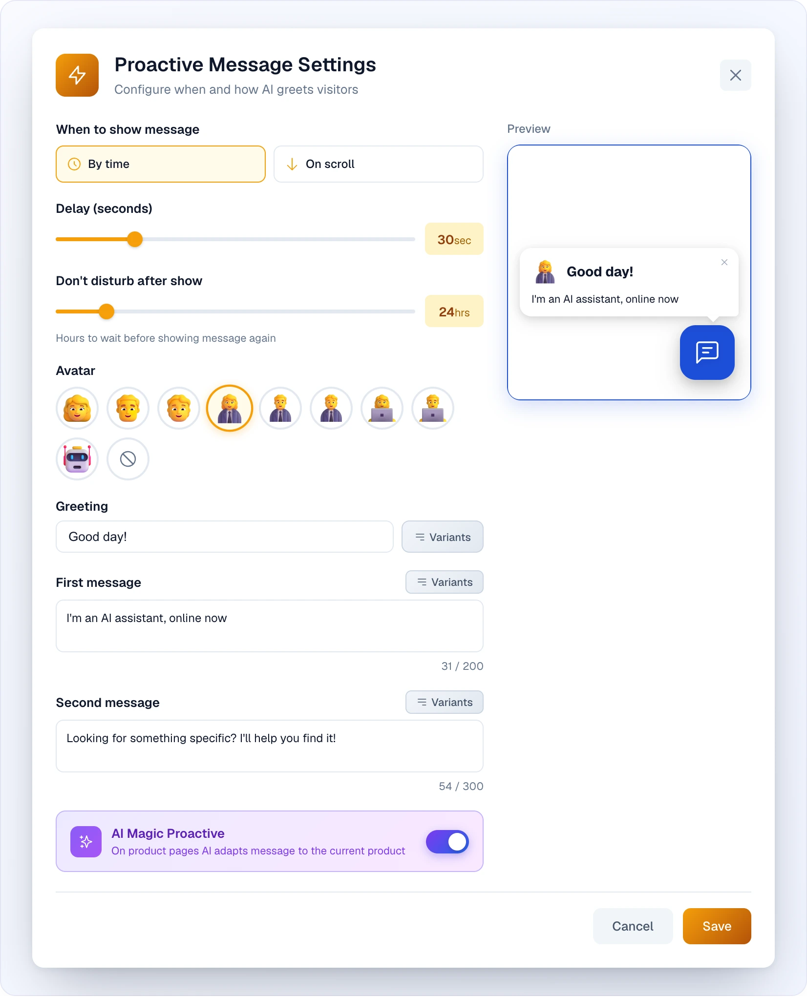 The Proactive Message Settings window: "When to show message" with the By time (selected) and On scroll cards, the sliders "Delay (seconds)" at 30 sec and "Don't disturb after show" at 24 hrs, a row of 3D avatars (a woman in a business suit selected) and a no-avatar button, the Greeting field with "Good day!" and a Variants button, the First message (31 / 200) and Second message (54 / 300) fields, the purple AI Magic Proactive card with its toggle on, the bubble Preview above the chat button on the right, and Cancel and Save at the bottom