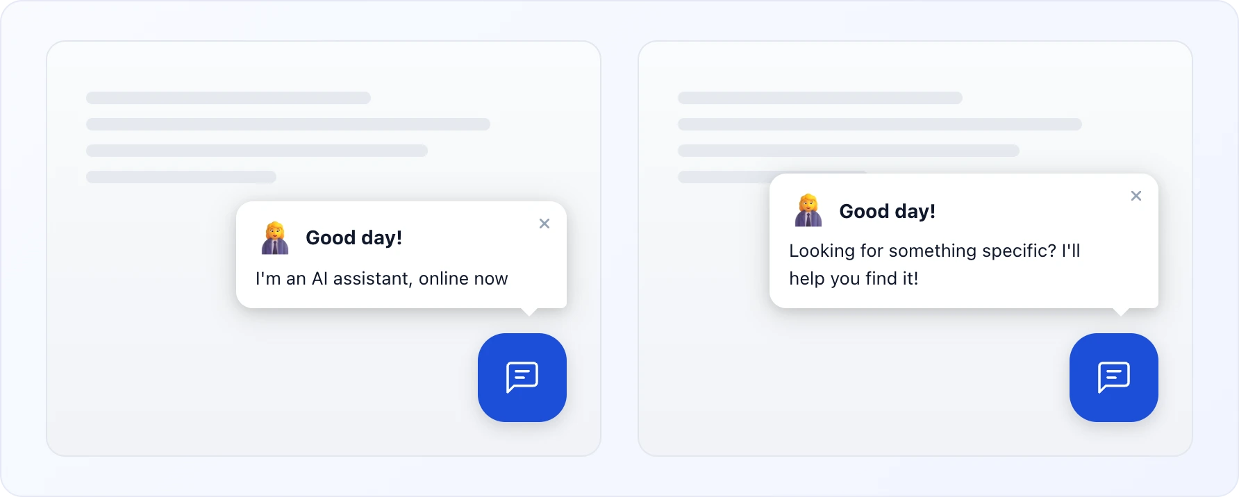 The two stages of the proactive bubble next to the blue chat button: left — the avatar, the greeting "Good day!" and the first message "I'm an AI assistant, online now"; right — the same greeting with the second message "Looking for something specific? I'll help you find it!"