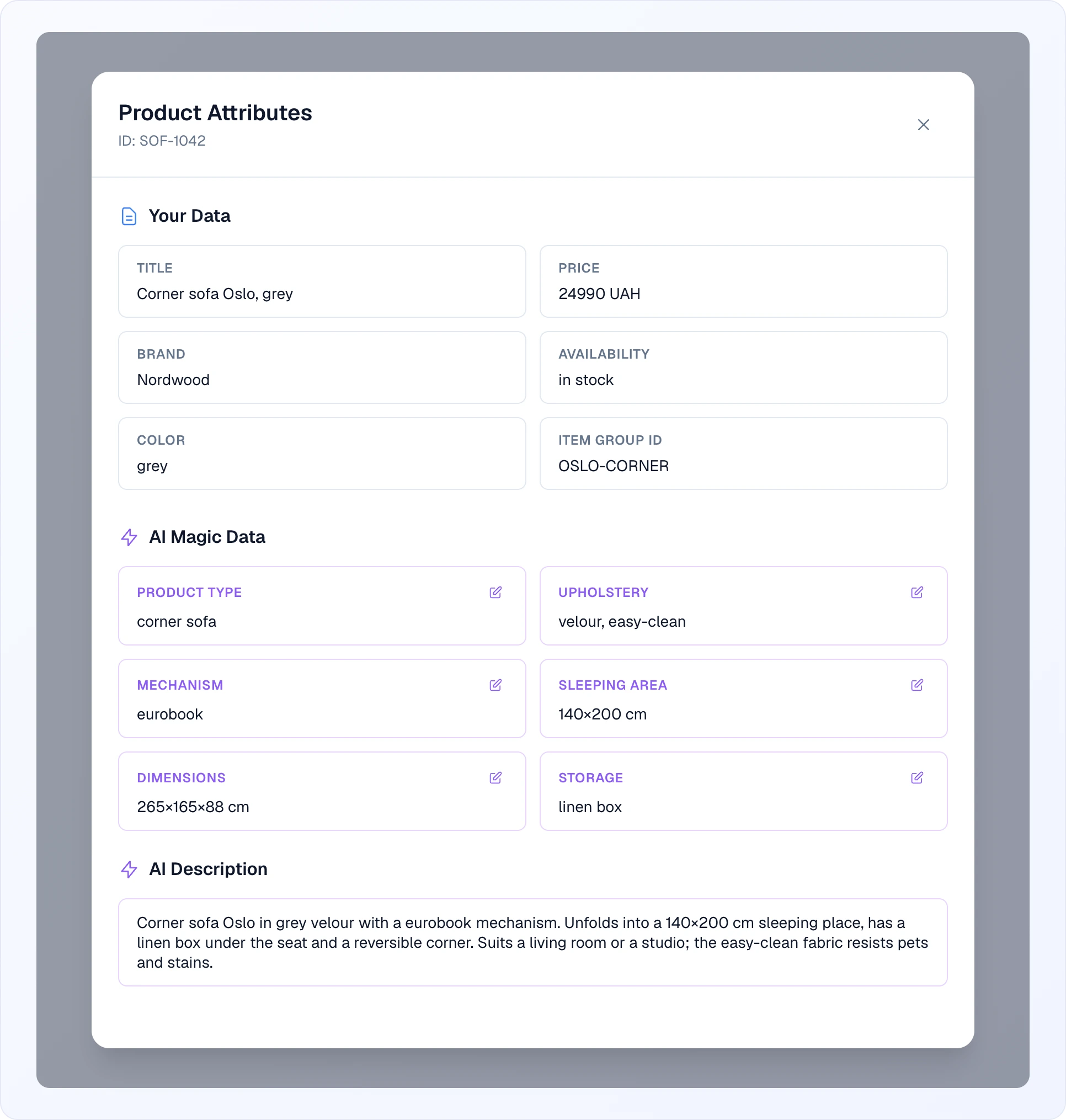 The "Product Attributes" modal for a sofa: the "Your Data" section with title, price, brand, availability, colour and group ID; the "AI Magic Data" section with product type, upholstery, mechanism, sleeping area, dimensions and pencil edit buttons; the "AI Description" section