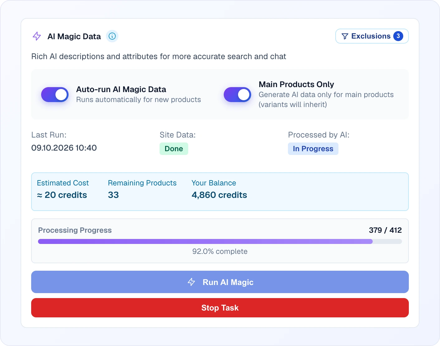 The "AI Magic Data" card during a run: the "Auto-run AI Magic Data" and "Main Products Only" toggles, statuses "Site Data — Done" and "Processed by AI — In Progress", an estimated cost of ≈ 20 credits, 33 products remaining, the balance, a 379 / 412 progress bar and the "Stop Task" button