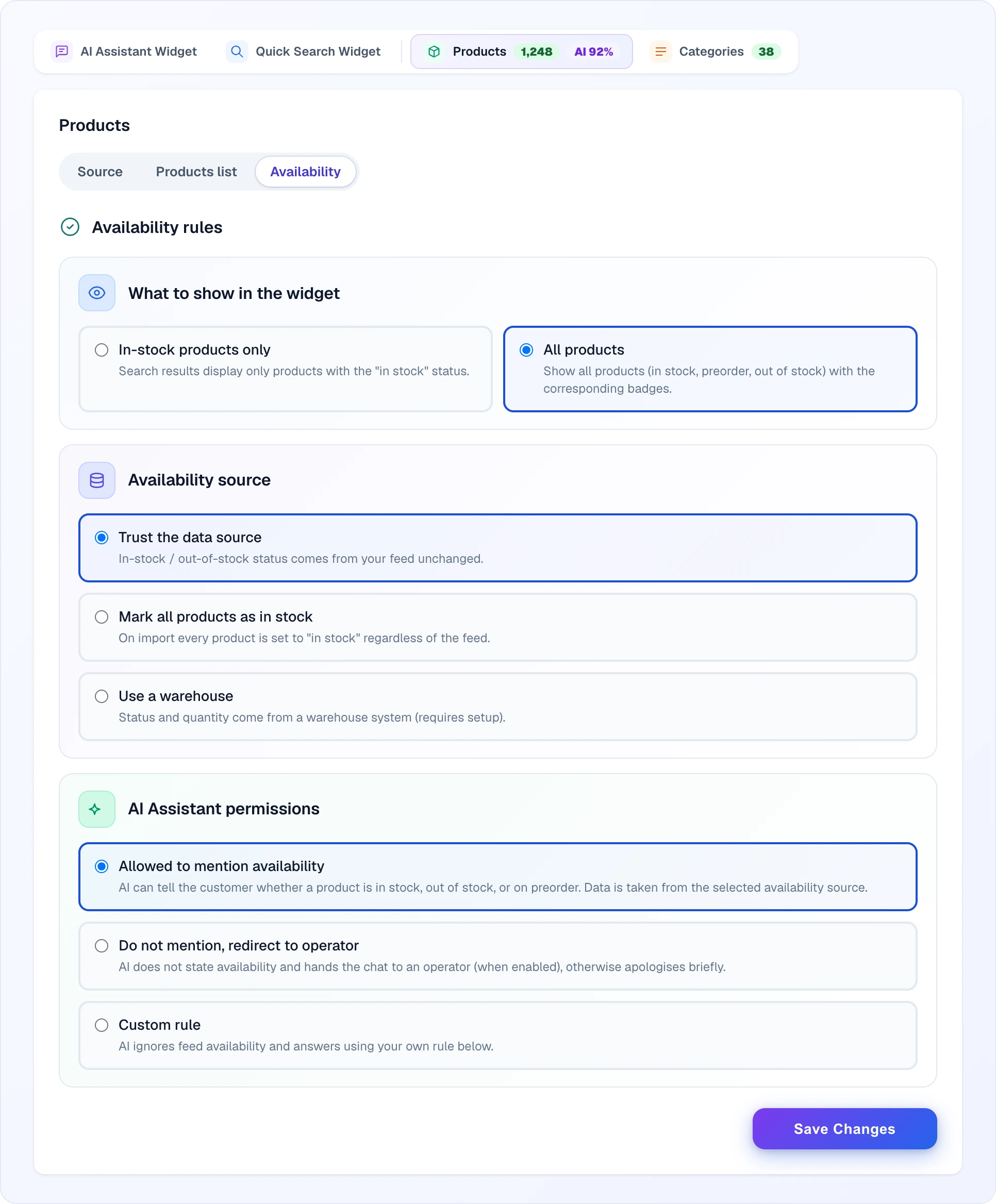 The "Availability" sub-tab: three sections — "What to show in the widget", "Availability source" and "AI Assistant permissions" — with the chosen options and the "Save Changes" button