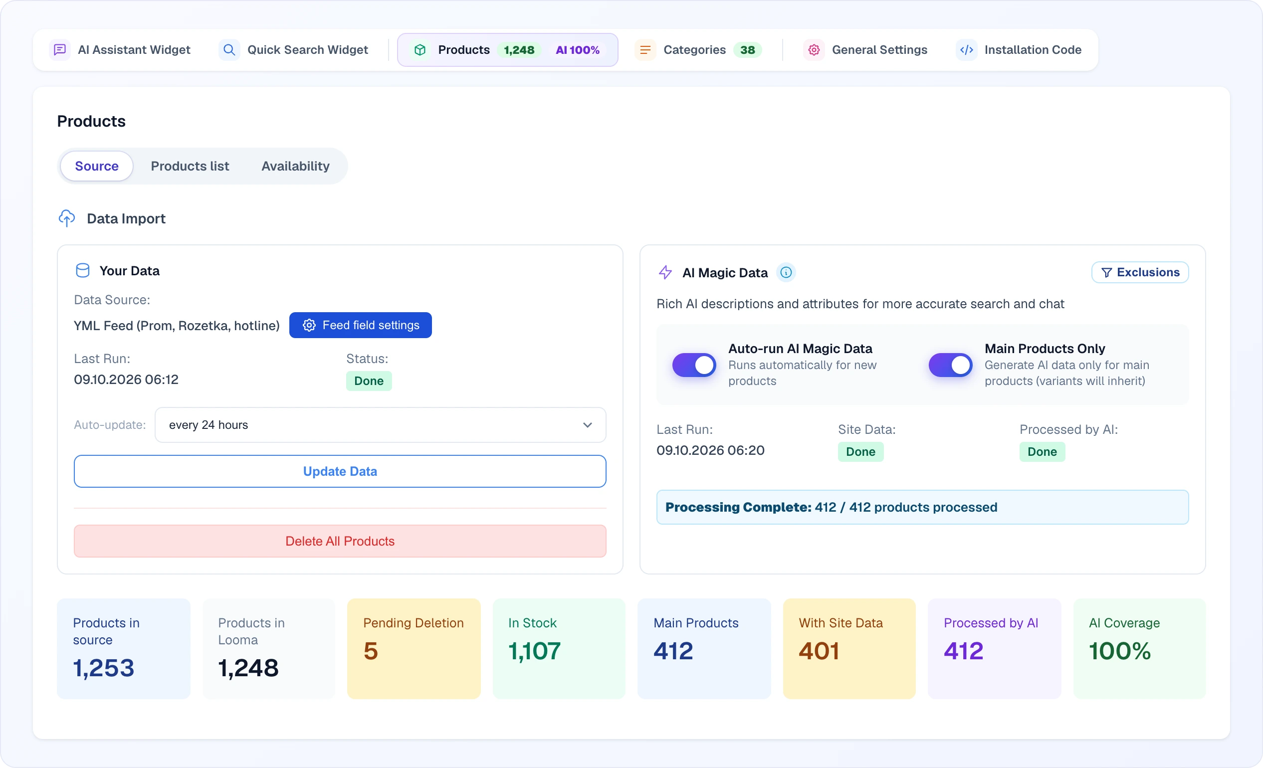 The "Data Import" block: the "Your Data" card with the source, last run, "Done" status, auto-update "every 24 hours", the "Update Data" and "Delete All Products" buttons; next to it the AI Magic Data card, and the catalogue counters below