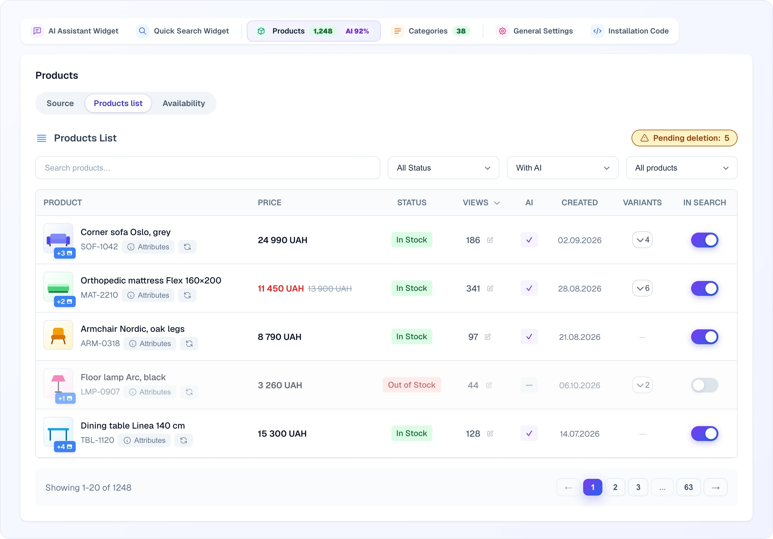 The "Products list" sub-tab: search and three filters, a table with thumbnails, "Attributes" and refresh buttons, sale prices, availability status, editable views, the AI mark, variants and the "In search" toggle; one product is excluded from search
