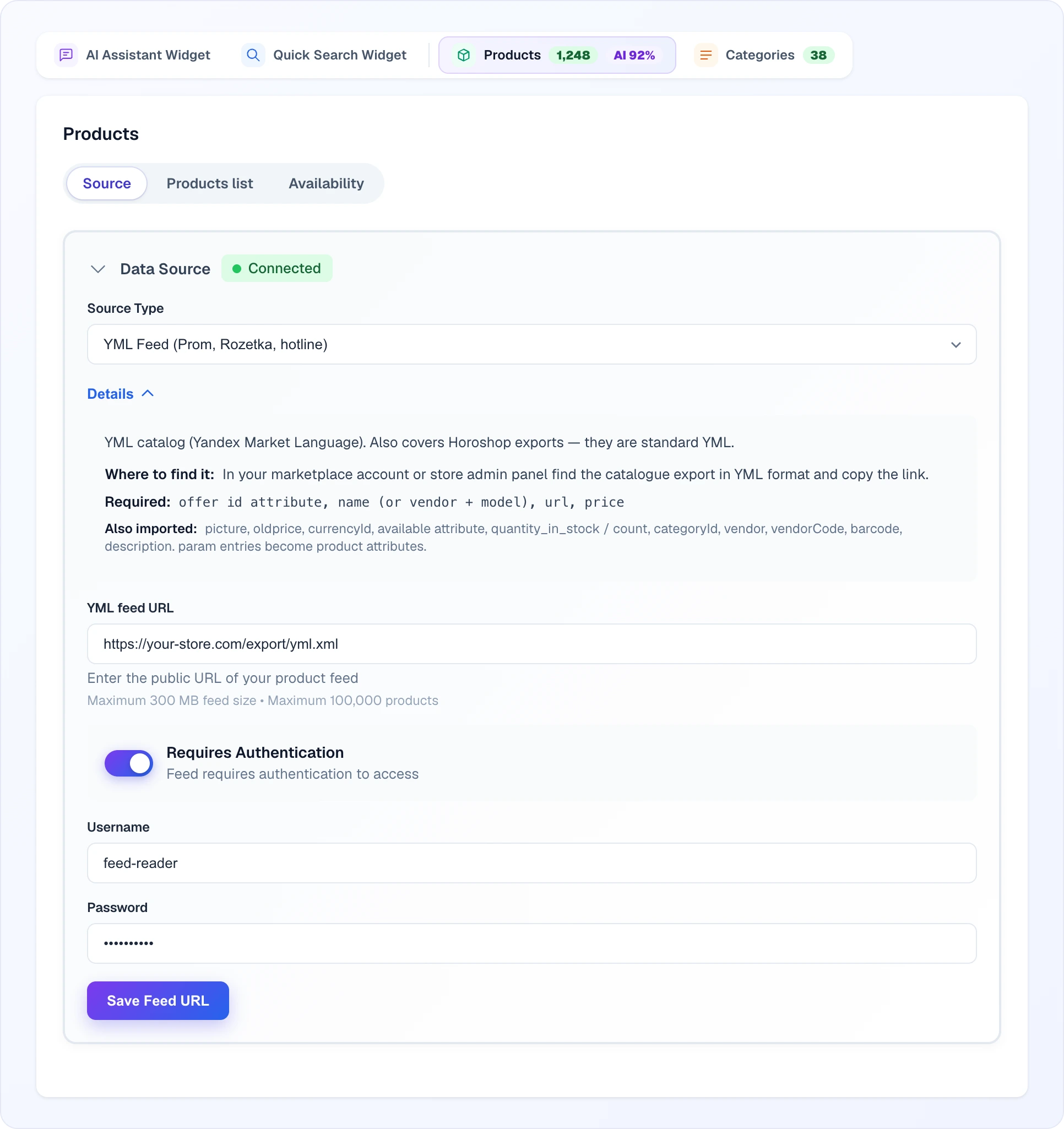 The "Products → Source" tab: source type "YML Feed", the expanded "Details" panel with required fields, the feed URL, "Requires Authentication" turned on with a username and password, and the "Save Feed URL" button