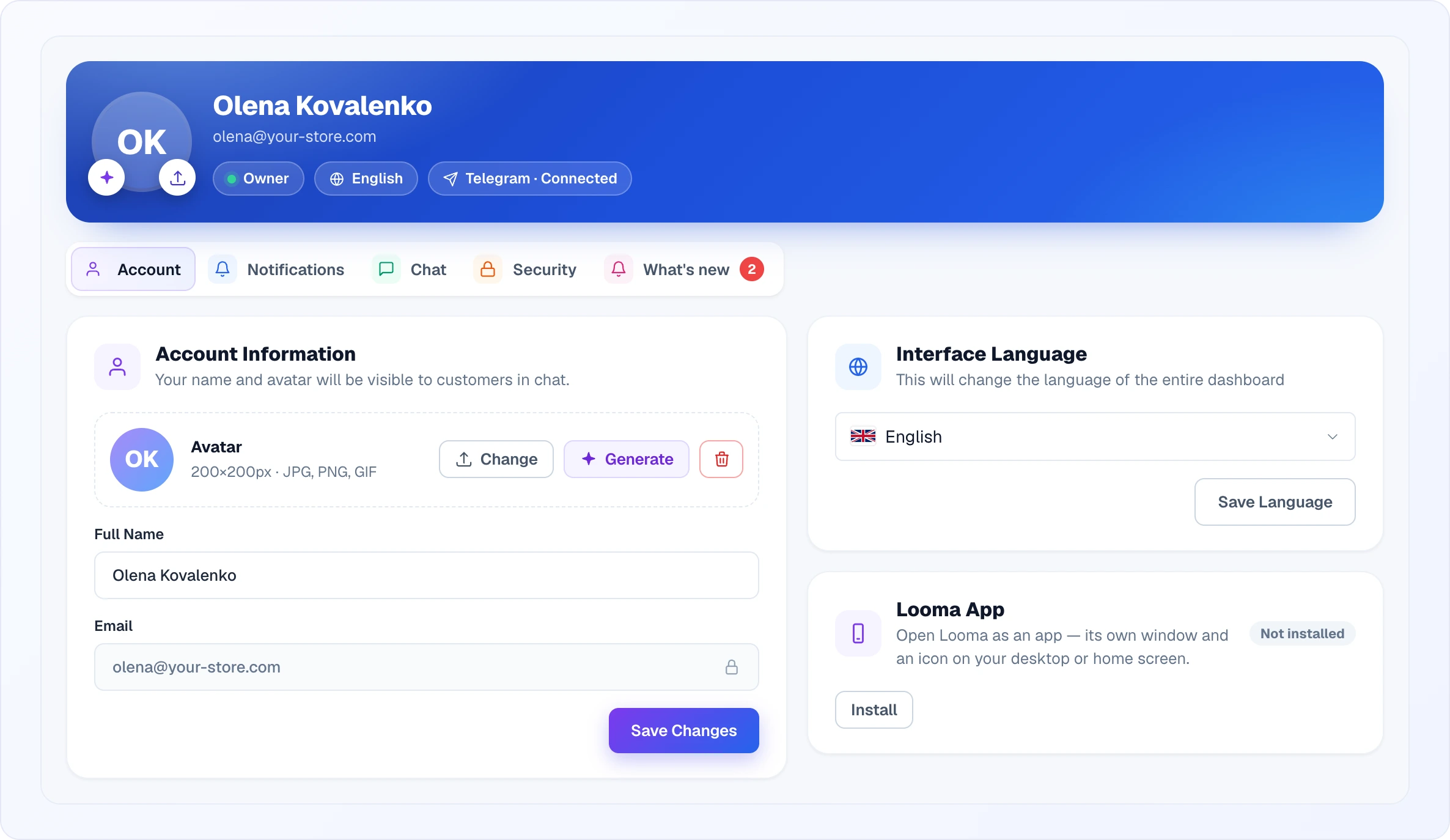 Profile on the Account tab: a blue header with the «OK» avatar, the name Olena Kovalenko, the email olena@your-store.com and the chips «Owner», «English», «Telegram · Connected»; below it the tabs Account, Notifications, Chat, Security and «What's new» with a counter of 2; on the left the «Account Information» card with the avatar row (Change, Generate and a trash button), the Full Name field, a locked Email field and the «Save Changes» button; on the right the «Interface Language» card with a language picker and «Save Language», and the «Looma App» card with the «Not installed» status and an «Install» button