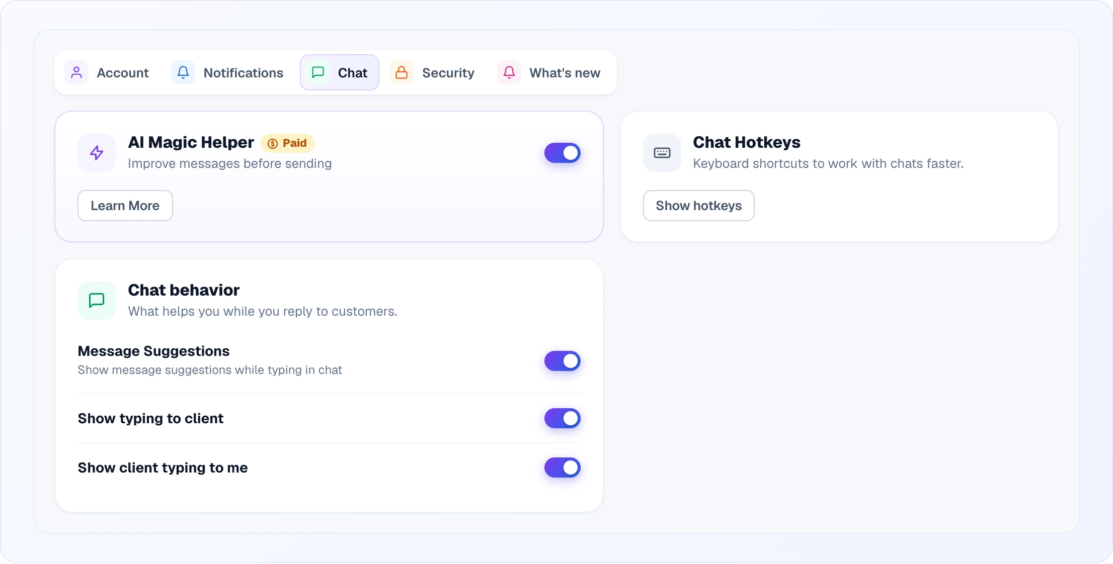 The Chat tab: the «AI Magic Helper» card with a «Paid» badge, the caption «Improve messages before sending», a switch turned on and a «Learn More» button; the «Chat behavior» card with the «Message Suggestions», «Show typing to client» and «Show client typing to me» switches; on the right the «Chat Hotkeys» card with a «Show hotkeys» button