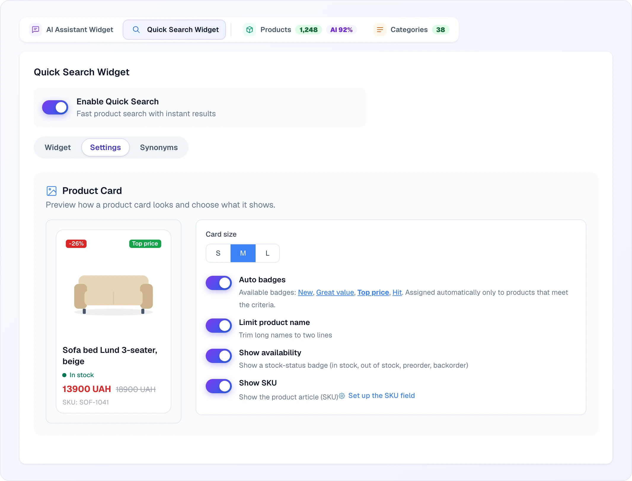 Settings → Product Card: a live preview card with a −26 % discount, the "Top price" badge, stock status and SKU; on the right the S / M / L size switch and the "Auto badges", "Limit product name", "Show availability" and "Show SKU" toggles