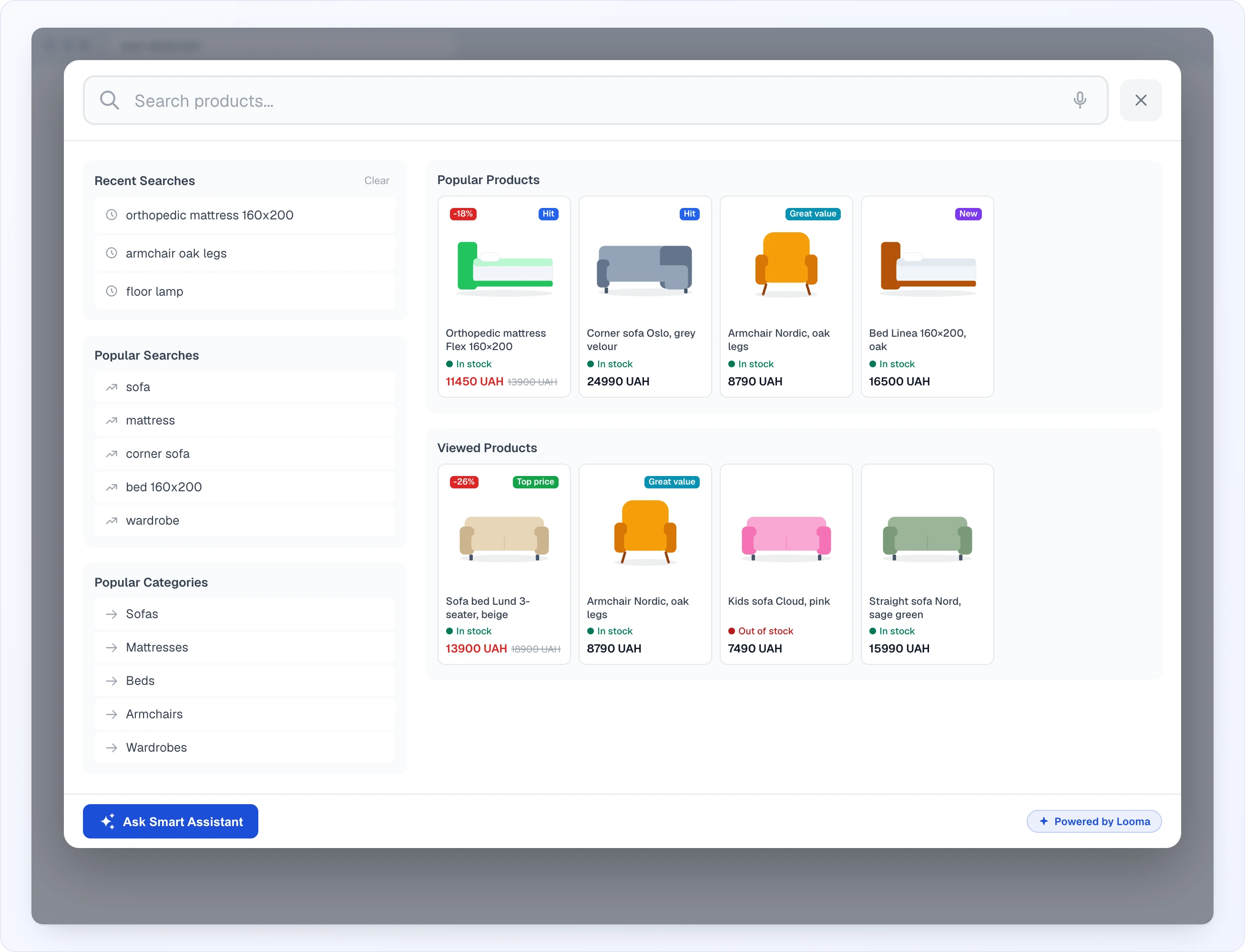 The panel before typing: "Recent Searches" with a "Clear" link, "Popular Searches" and "Popular Categories" on the left; "Popular Products" and "Viewed Products" with cards on the right; the "Ask Smart Assistant" button at the bottom