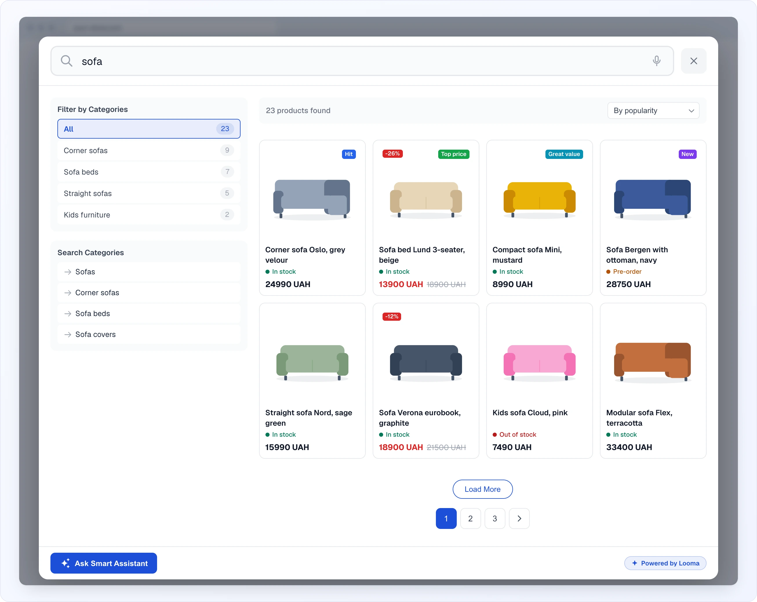 The Quick Search panel over a store page with the query "sofa": category filter with counts, category page links, "23 products found" with sorting "By popularity", eight product cards with "Hit", "Top price", "Great value" and "New" badges, discounts and stock status, "Load More" and pages, the "Ask Smart Assistant" button
