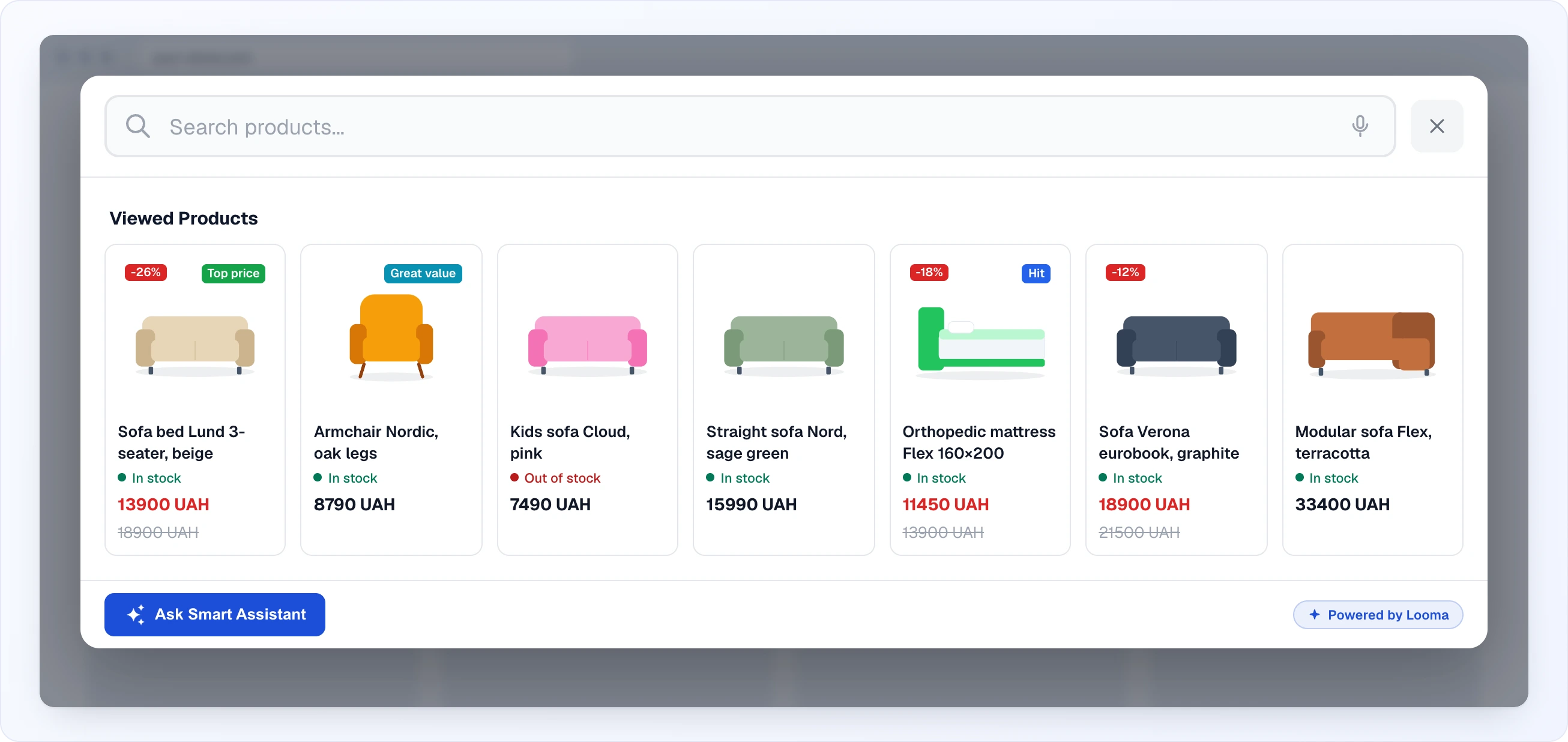 The "Viewed Products" screen: a row of seven cards from the visitor's history, including an out-of-stock item marked with the availability badge