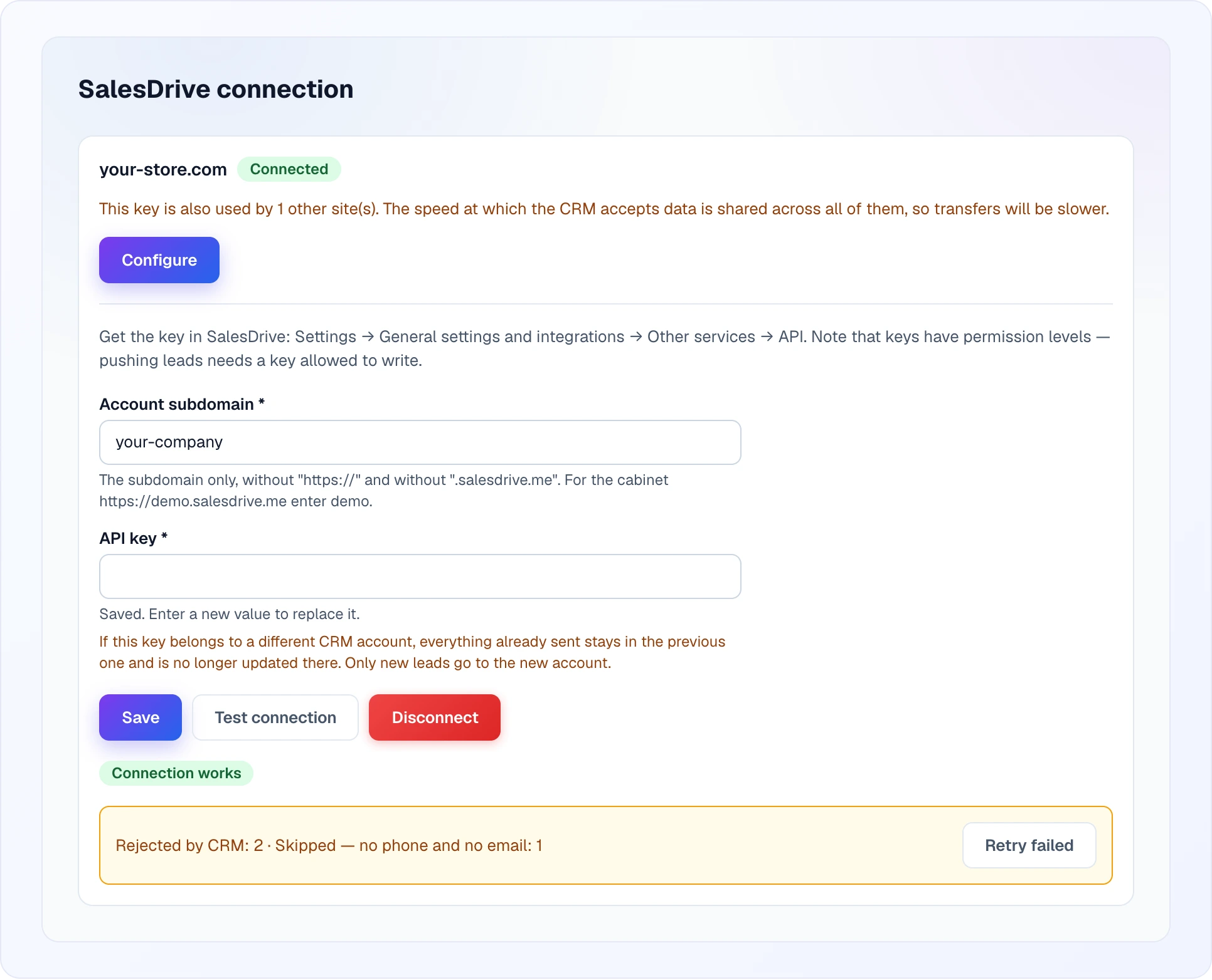 A connected site with the open form: the warning that the key is shared with another site, the key field, the action buttons, the Connection works label and, at the bottom, the amber block "Rejected by CRM: 2 · Skipped — no phone and no email: 1" with the Retry failed button