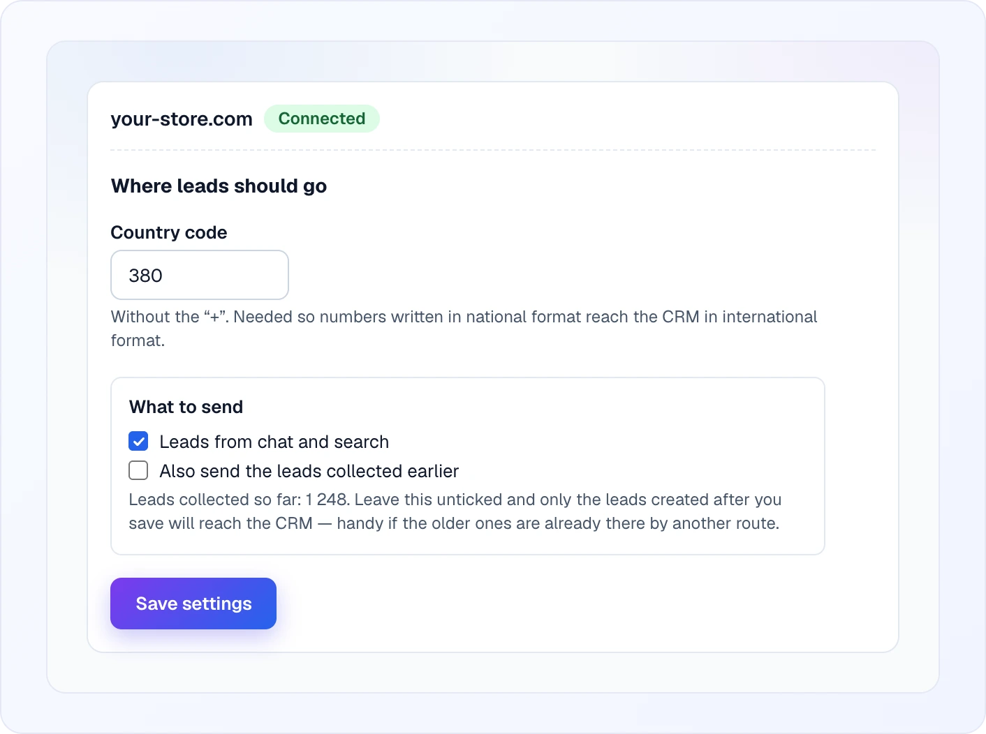 The Where leads should go section: Country code 380 and the What to send block with Leads from chat and search ticked and Also send the leads collected earlier with the count of collected leads, plus the Save settings button