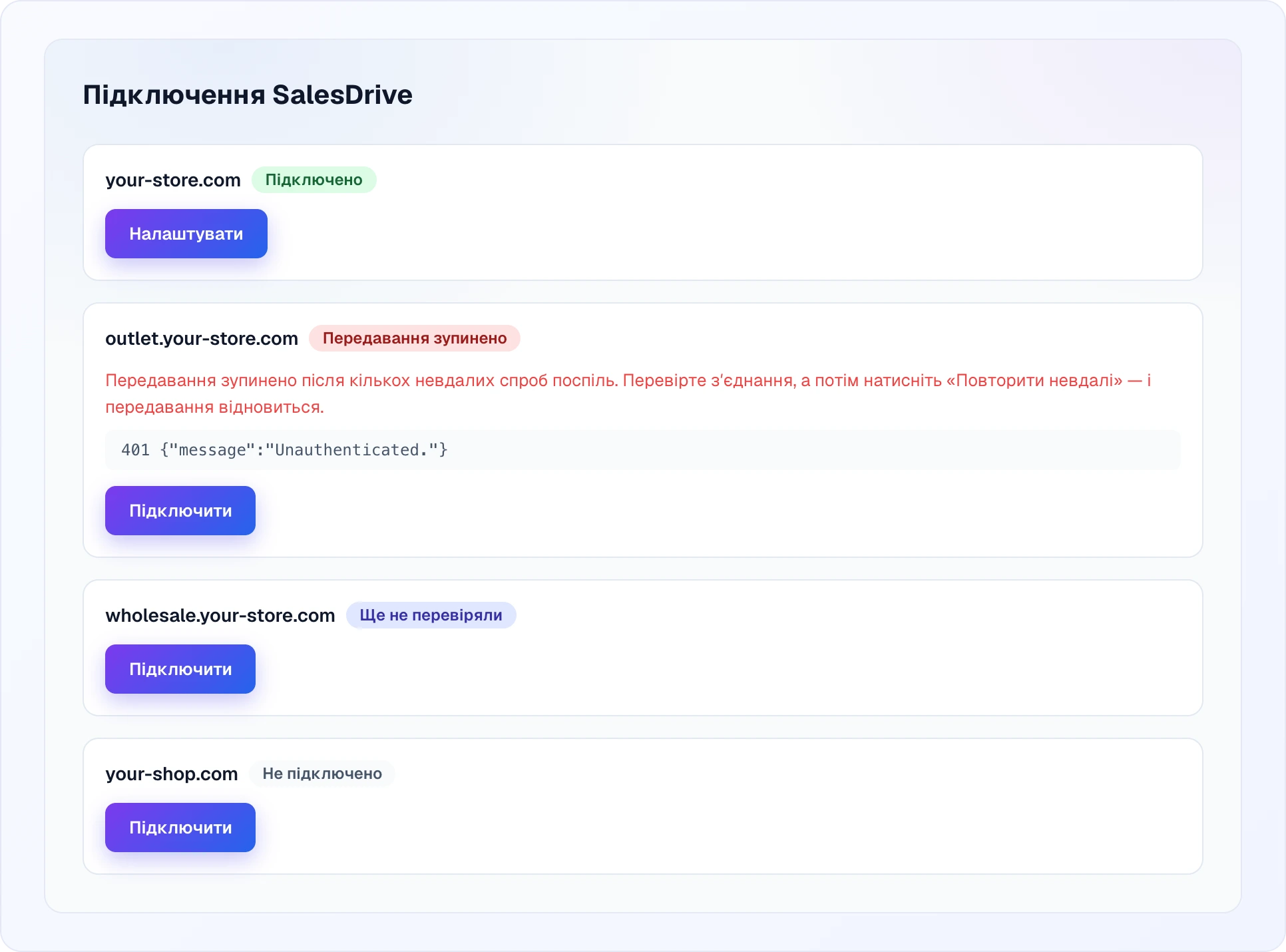Сторінка «Підключення SalesDrive» з чотирма рядками сайтів: підключений сайт із кнопкою «Налаштувати», сайт із червоним бейджем «Передавання зупинено», поясненням і помилкою CRM 401 Unauthenticated, сайт «Ще не перевіряли» і сайт «Не підключено» — обидва з кнопкою «Підключити»
