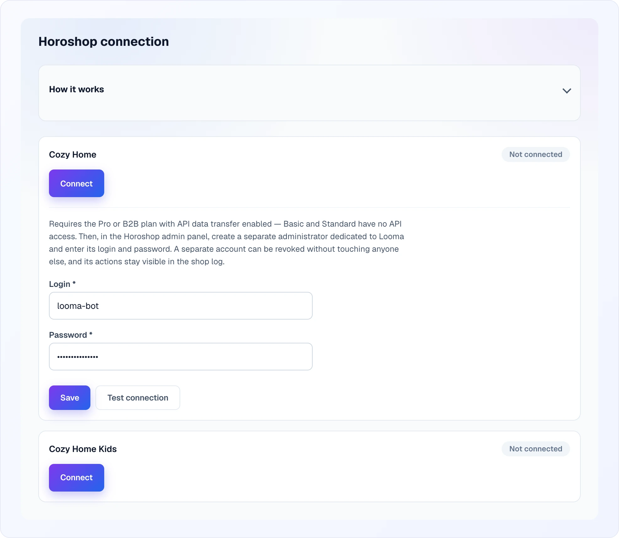 The "Horoshop connection" page: a collapsed "How it works" block and a list of sites; under the "Cozy Home" site with a "Not connected" badge the form is open — the Horoshop requirements, Login and Password fields, and the Save and Test connection buttons