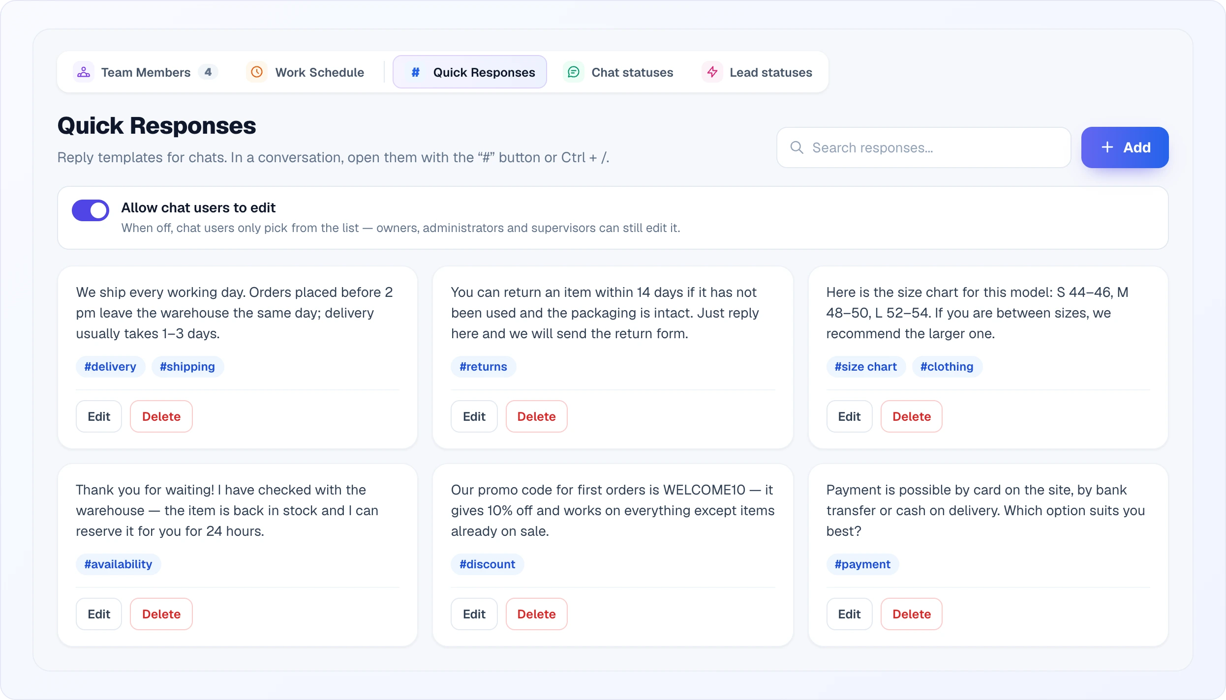 The Quick Responses tab: search and the Add button, the Allow chat users to edit switch and a grid of six template cards — the reply text, tags such as #delivery or #returns, and the Edit and Delete buttons