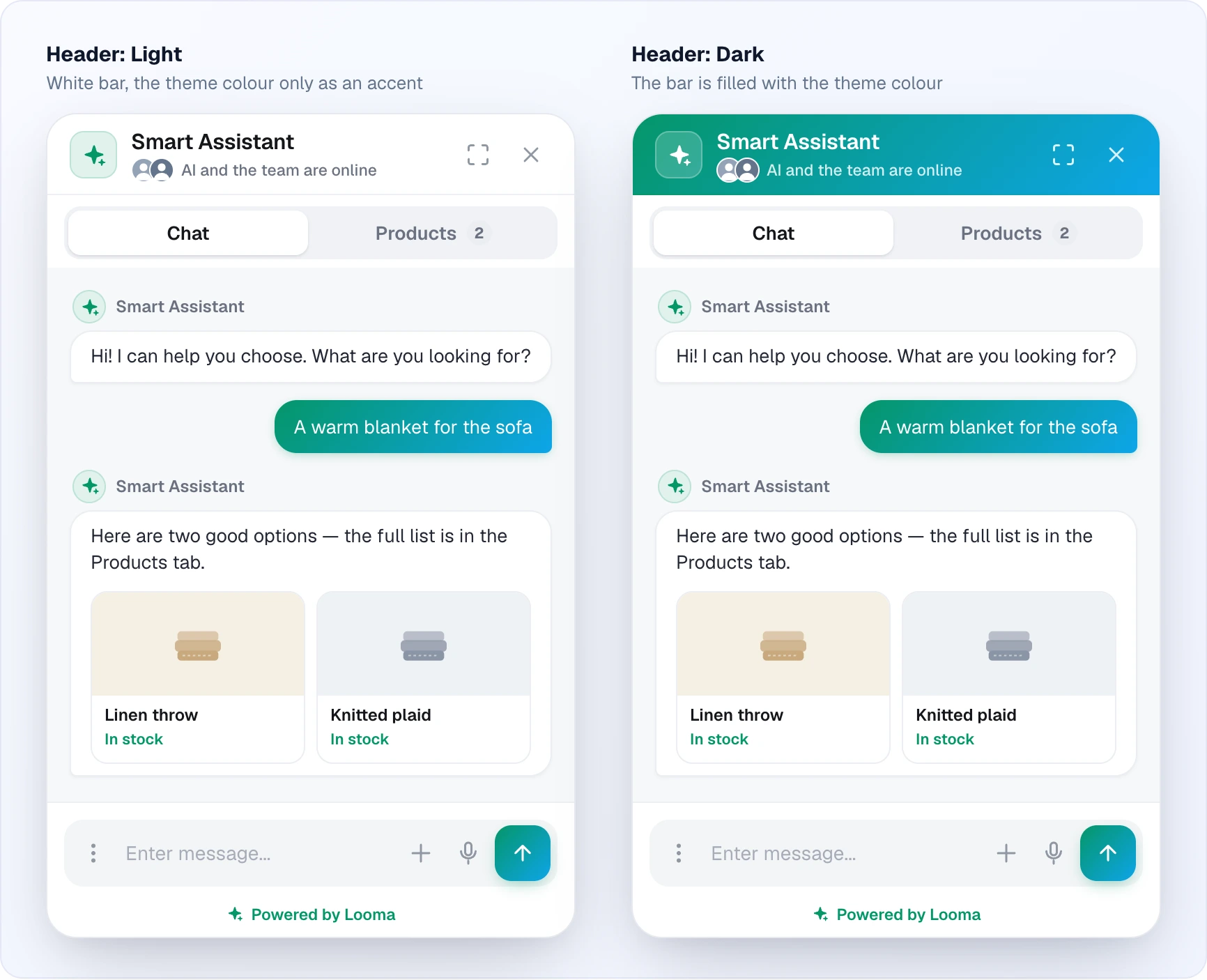 The same widget chat window with a gradient theme twice: on the left with a light header (white bar, sparkle in the theme colour), on the right with a dark one (the bar is filled with the gradient, title, status and buttons are white). Below, both have the Chat and Products tabs, an AI greeting, the visitor's request, two product cards, the input and the Powered by Looma label