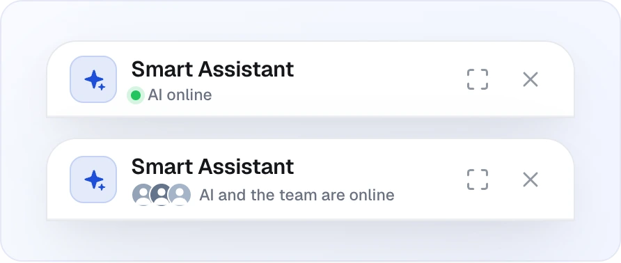 The widget chat header in the light theme: the sparkle icon, the title Smart Assistant and the status line — first AI online with a green dot, then AI and the team are online with small operator photos