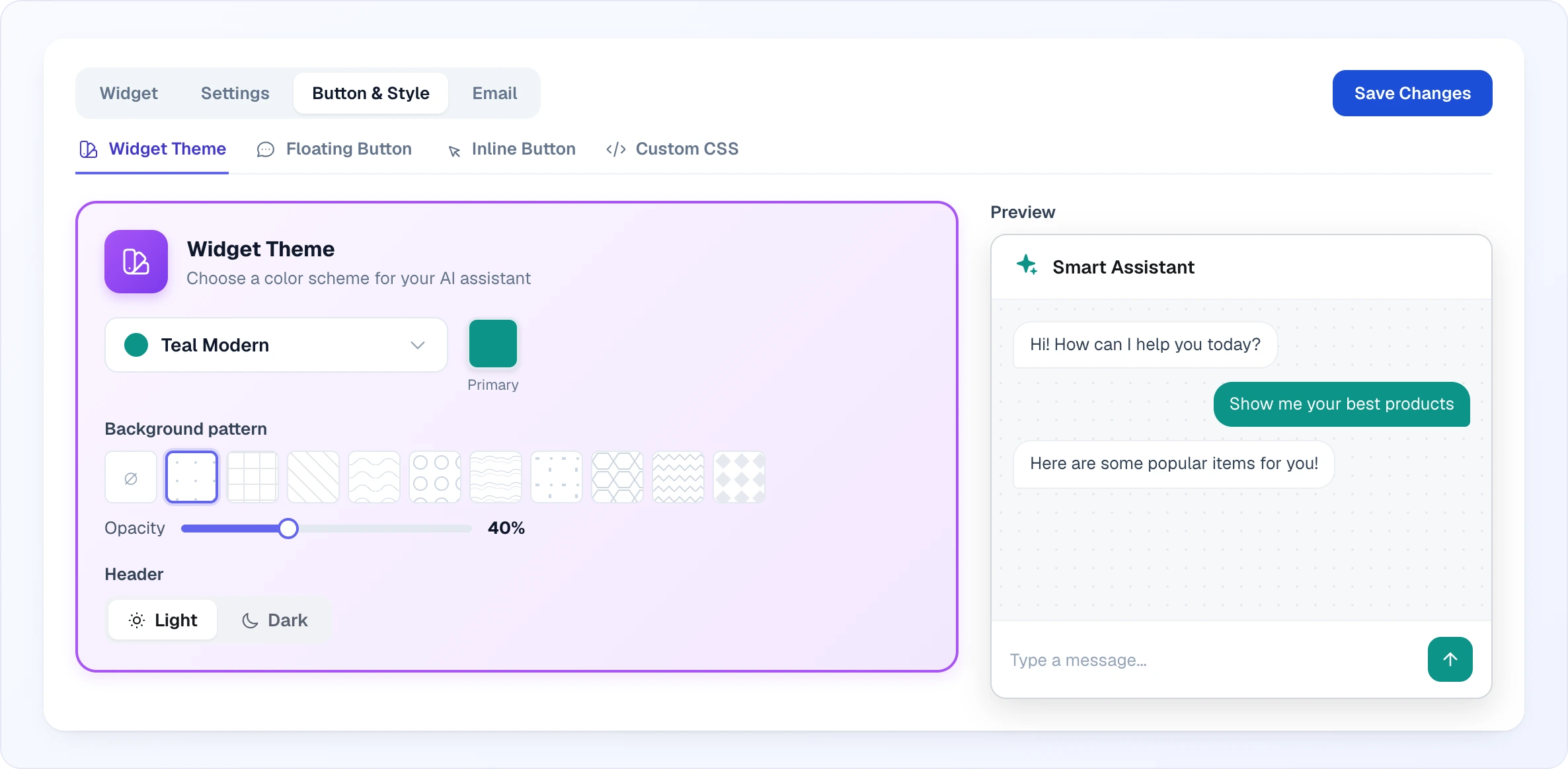 The Widget Theme section of the Button & Style tab: the theme list with Teal Modern selected, the primary colour swatch, a row of background patterns with dots selected and an opacity slider at 40%, the Light / Dark header switch, and on the right a preview of the chat in teal